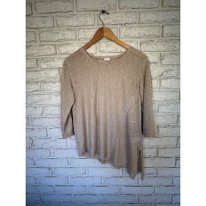 Poetry Linen Striped Top Tunic US 6 UK 10 Beige Tan 3/4 Sleeve Asymmetric Hem